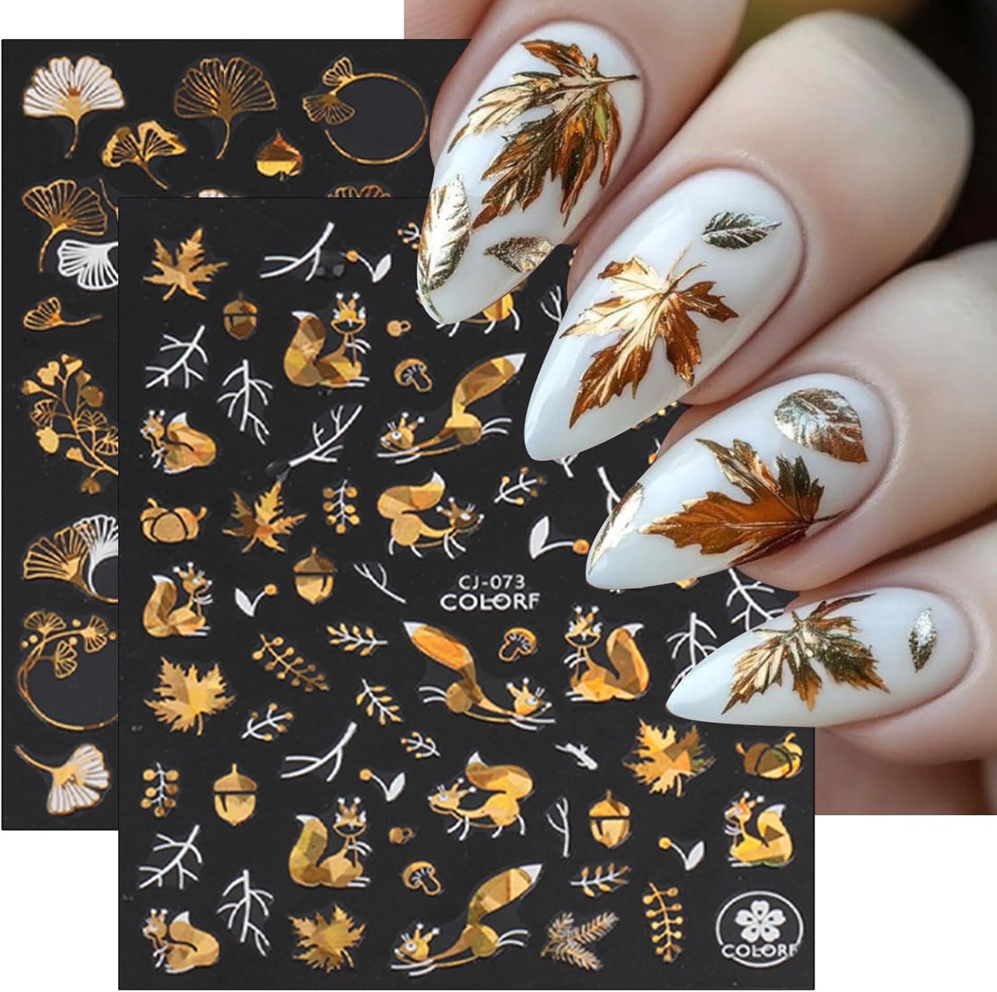 9 Sheets Bronzing Fall Nail Art Stickers 3D Glitter Metallic Maple Leaf Nail Stickers Autumn Laser White Gold Leaves Flower Nail Designs Thanksgiving Holiday Sticker for Women Manicure Tips