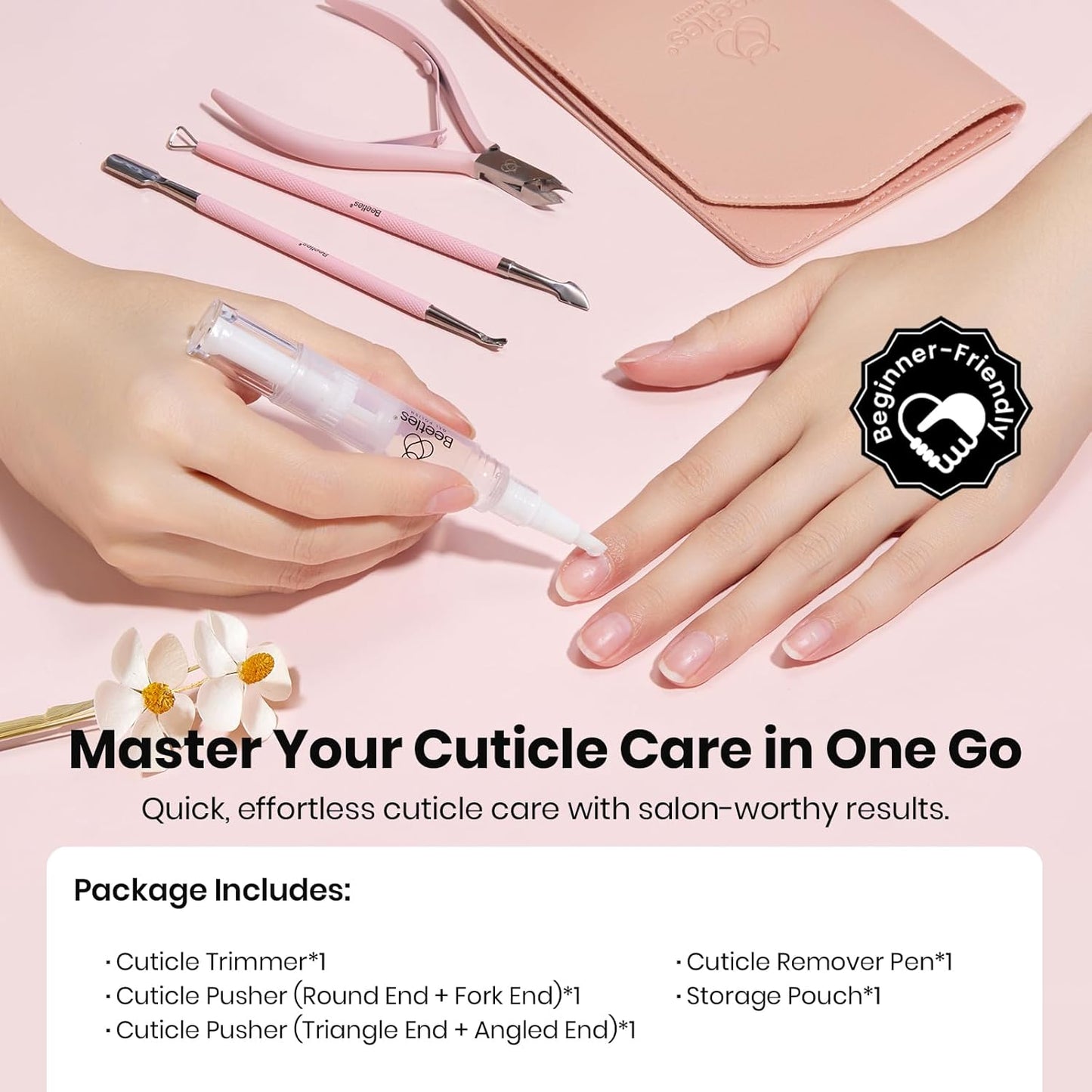 Beetles Manicure Kit for Women with Cuticle Remover, 3 PCS Pink Manicure Set Cuticle Trimmer Dual End Cuticles Pusher Clean Nails Tip Dirt Pusher with Storage Pouch Nail Prep Kit for Gel Nail Polish
