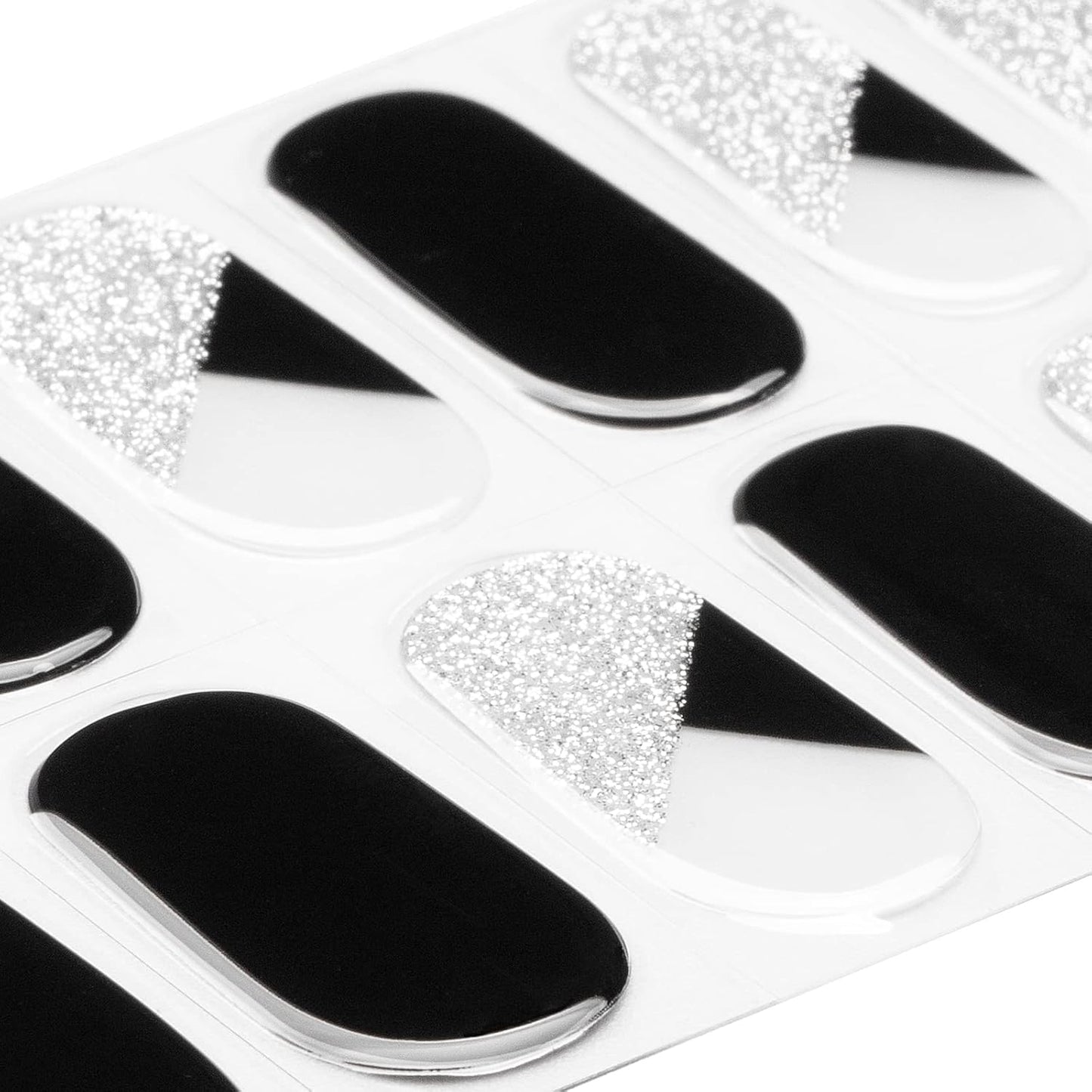 MOMSON Semi Cured Gel Nail Strips - 20 Real Gel Nail Polish Stickers/Full Nail Wraps for DIY at Home, Salon-Quality, Easy to Apply & Remove (Silver Glitter, White & Black)