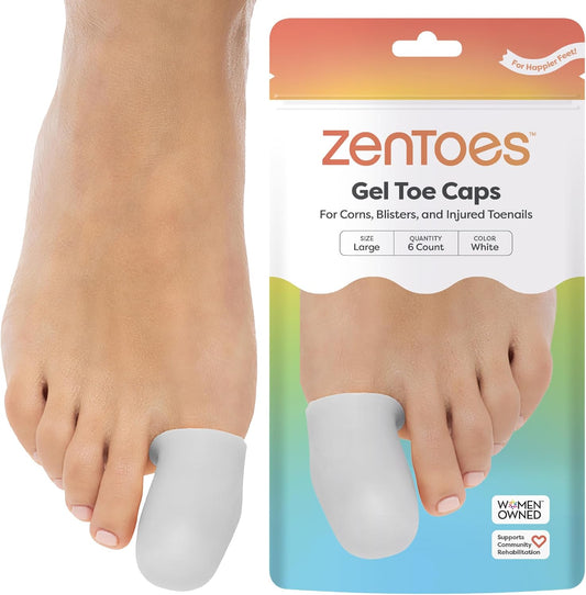 ZenToes 6 Pack Gel Toe Cap and Protector - Cushions and Protects to Provide Relief from Missing or Ingrown Toenails, Corns, Blisters, Hammer Toes (Large, White)