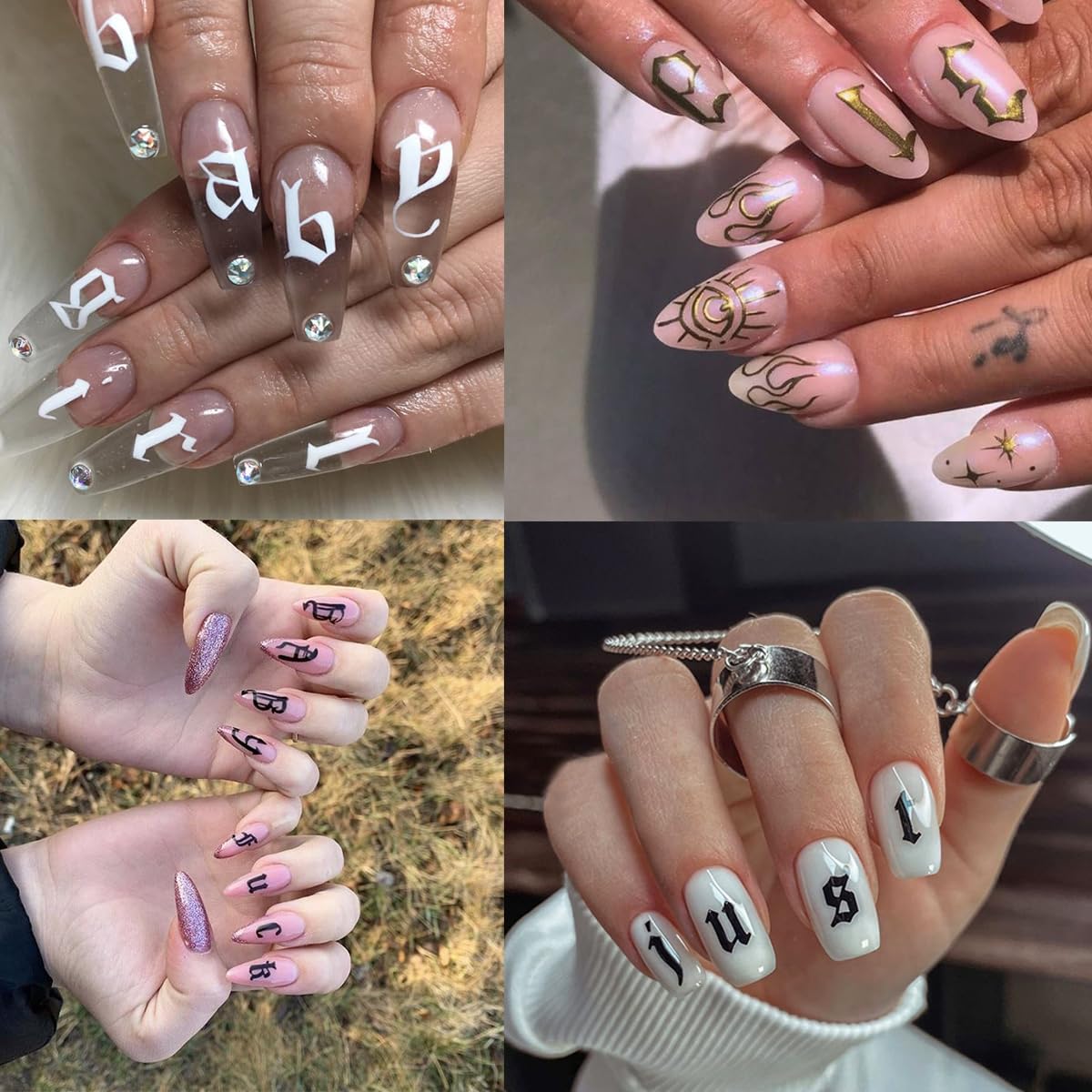 8 Sheets Old English Letters Nail Stickers for Nail Art Personalized Alphabet Nail Art Stickers Decals 3D Self-Adhesive Black White Gold Silver Nails Design Sticker for Women DIY Nail Tips Supplies