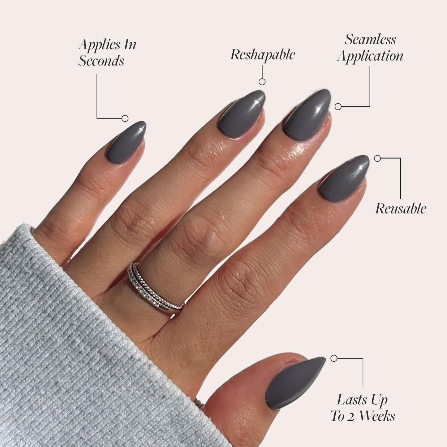 Glamnetic Press On Nails - Ash Gray | Opaque Muted Smoke Gray Short Almond Fake Nails, Salon Quality | 15 Sizes - 30 Nail Kit