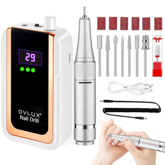 Professional Nail Drill Machine: 45000 RPM, LCD Display, Rechargeable Battery, for Acrylic & Gel Nails - Perfect for Salon and Home Use (White Gold)