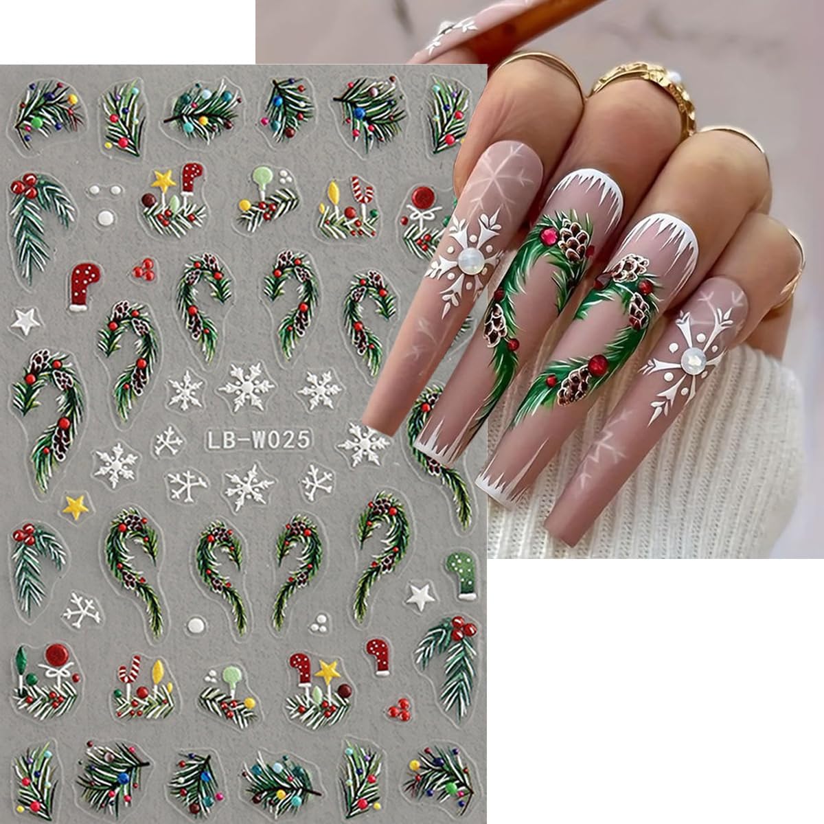 4 Sheets Christmas Nail Art Stickers 5D Embossed Holly Leaf Nail Decals Winter Christmas Tree Elk Snowflake Design Self Adhesive Nail Art Supplies for Women Acrylic DIY Holiday Manicure Decoration