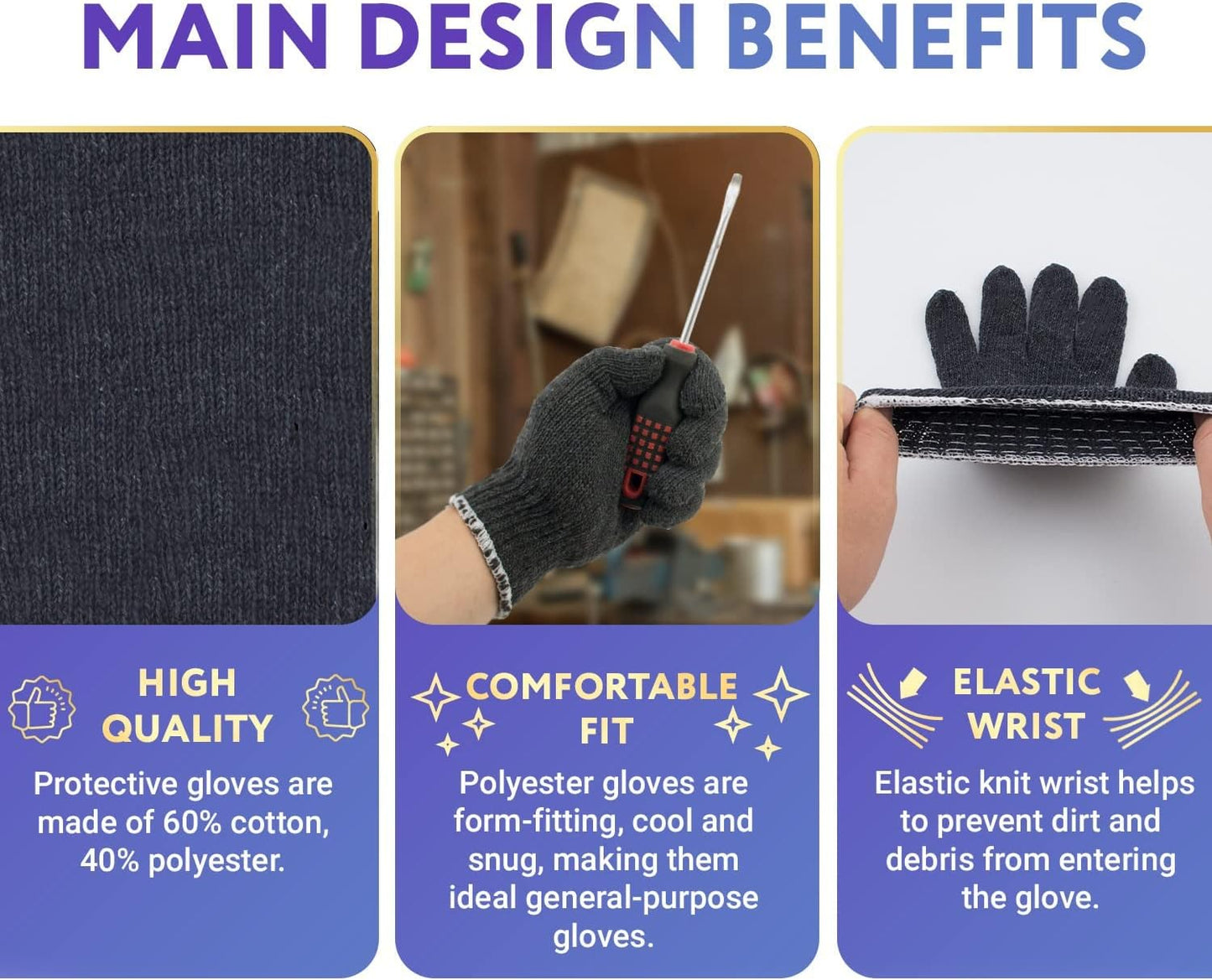 Gray Work Cotton Gloves for Men and Women, 9 Inches. Pack of 24 (12 Pairs) String Knit Work Gloves with Elastic Knit Wrist. Machine Washable Cotton Polyester Gardening Gifts