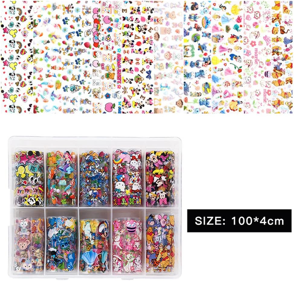10 Rolls Cute Cartoon Nail Foil Transfer Stickers Nail Art Supplies Designer Nail Stickers Holographic Nail Art Foil Decals Cartoon Nails Designs for Women Acrylic Nails Decoration