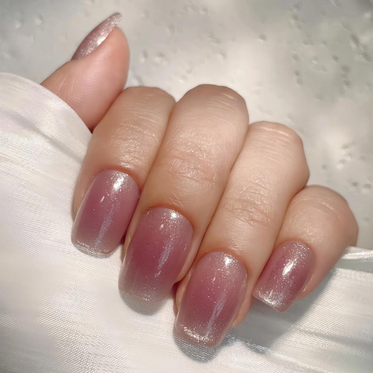30Pcs Mauve Plum Cat Eye Press On Nails Short Square | French Fake Nails with Glue, File & Tools | Reusable Soft-Fit Nail Tips in 12 Sizes for Women