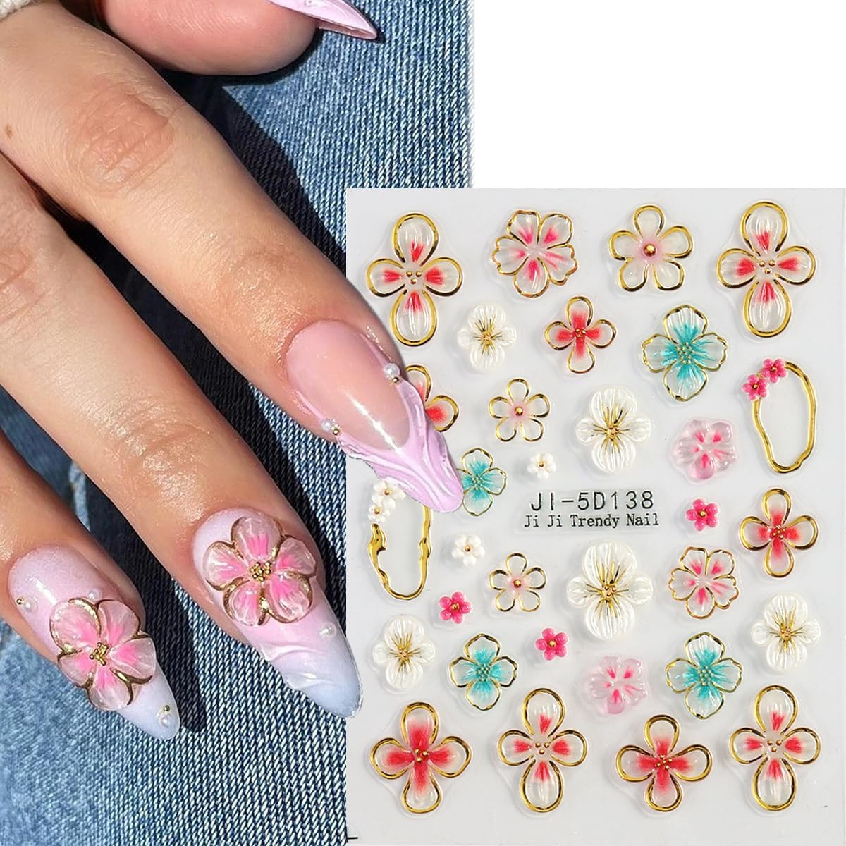 Flower Nail Stickers 5D Embossed Lily Flower Stickers for Nails Hibiscus Self Adhesive Floral Nail Decals Gold Flower Nail Charms Vacation Design Pegatinas para Uñas 4 Sheet