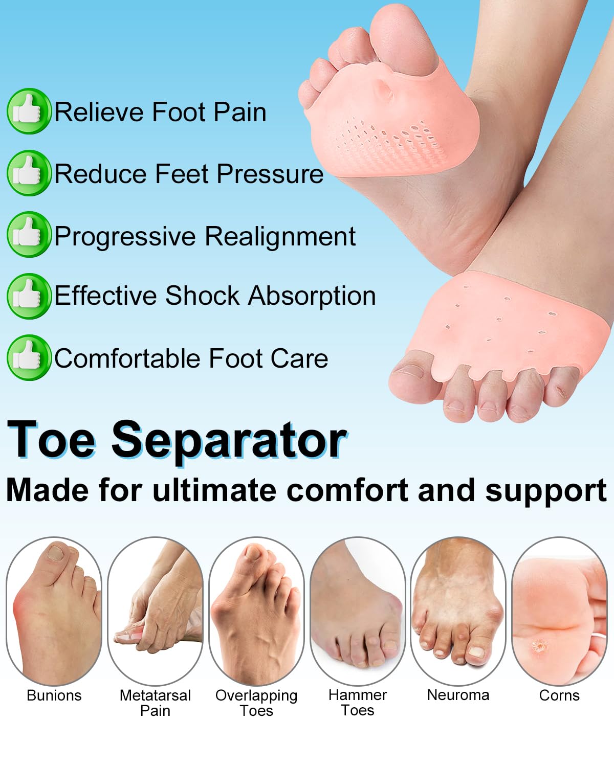 2 Pairs Silicone Toe Separators for Women and Men, Metatarsal Bunion Corrector Cushion, Soft And Breathable Toes Spacers for Foot Pain Relief (2*Skin)