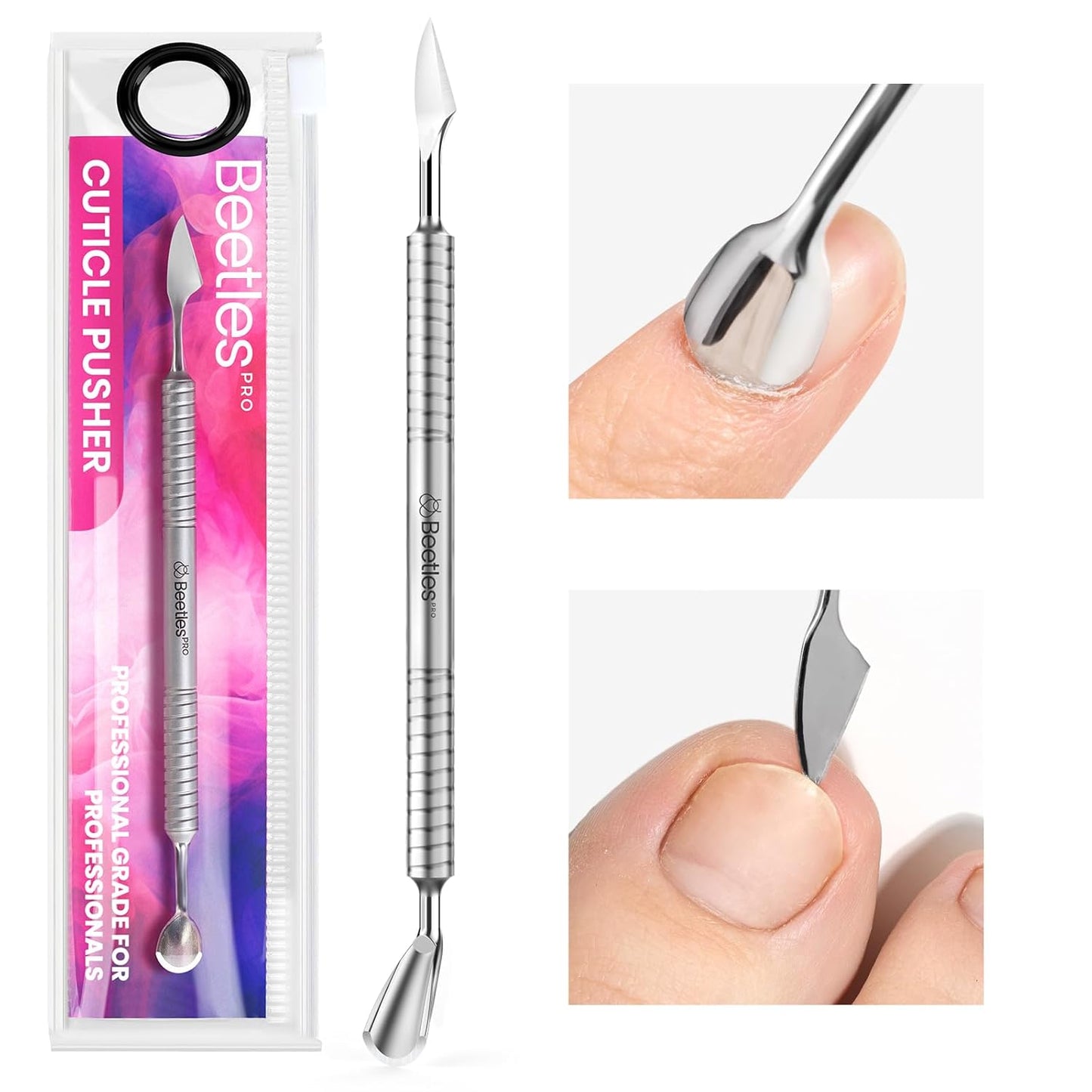 Beetles Pro 1-Pcs Dual-Ended Cuticle Pusher, Professional Horseshoe 11mm and Angled Blade 13mm Precise Cuticle Care, Stainless Steel Handle Nail Tools for Nail Art Prep – Salon Quality Manicure Tool