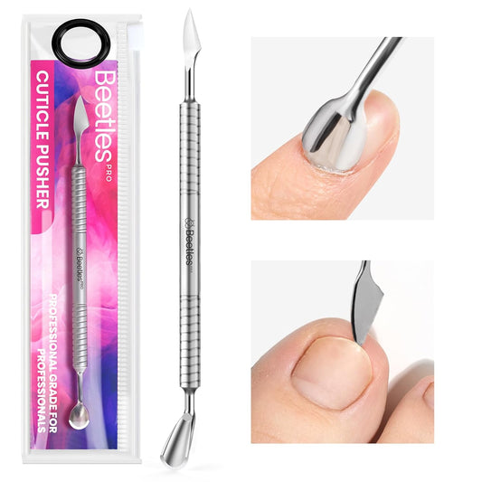 Beetles Pro 1-Pcs Dual-Ended Cuticle Pusher, Professional Horseshoe 11mm and Angled Blade 13mm Precise Cuticle Care, Stainless Steel Handle Nail Tools for Nail Art Prep – Salon Quality Manicure Tool