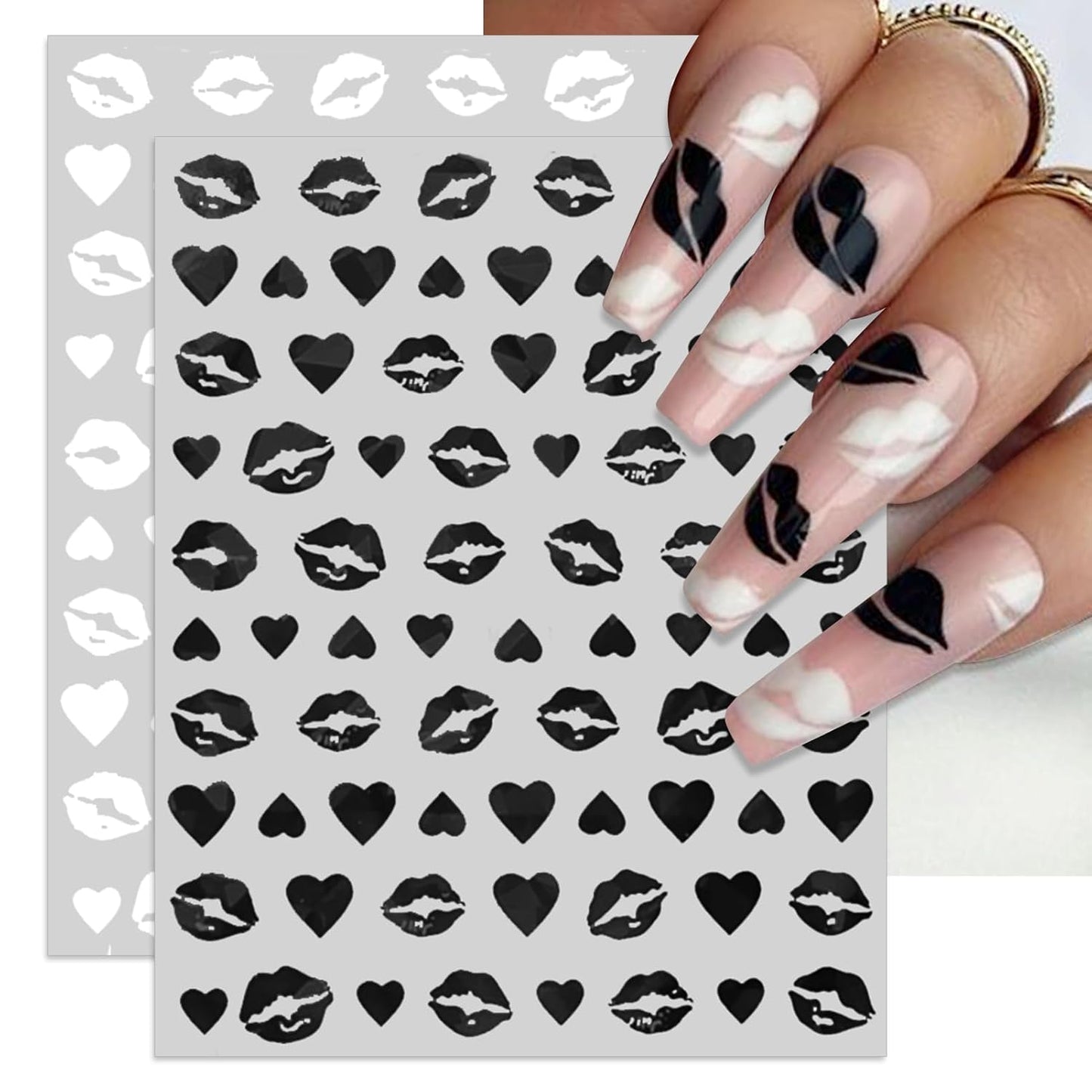 Valentine's Day Nail Art Stickers - Sexy Lip Nail Decals, Self-Adhesive 6 Color Black White Red Pink Kiss Heart for DIY 3D Nail Supplies Decoration (6 Sheets)