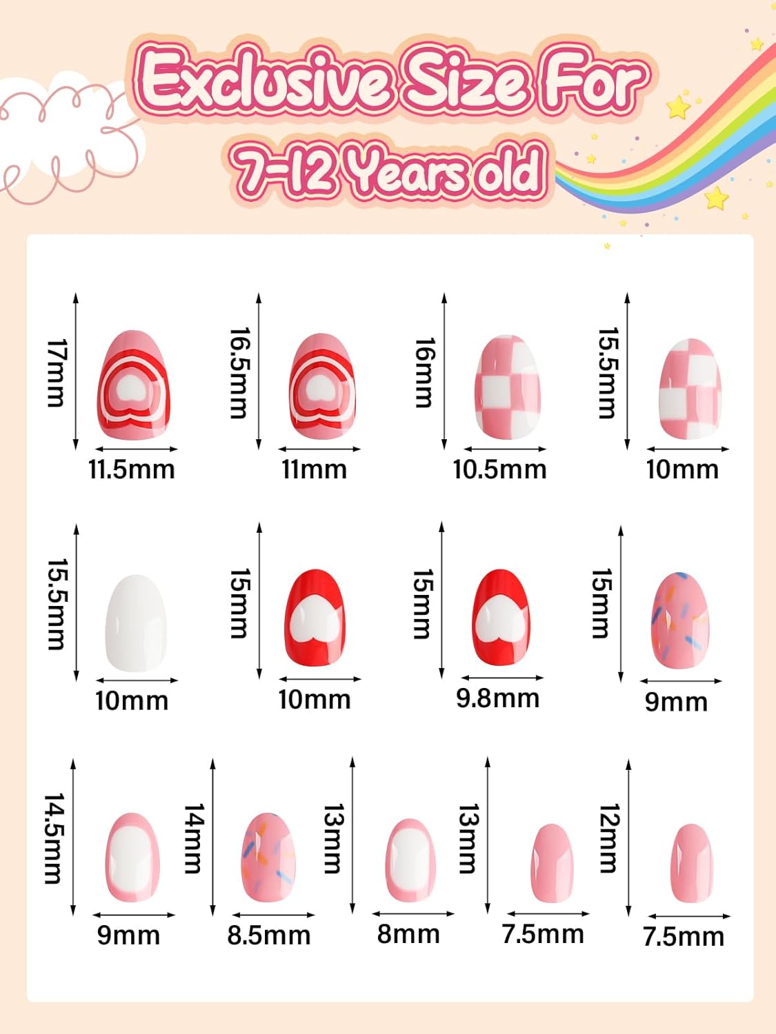 26 Pcs Kids Press on Nails Set, EBANKU Fake Nails for Girls 5-12 Years Pink Grid Heart False Nails with Nail Glue, Short Full Cover Press on Nails Tip for Child