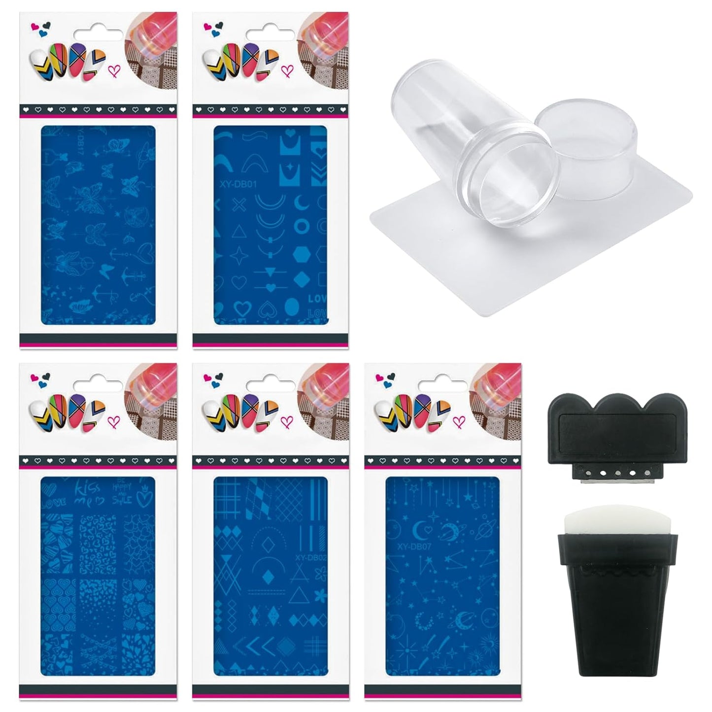 AddFavor Nail Stamping Plate Kit with Nail Stamp and Scraper, 5pcs Star Butterfly Geometric Nail Stamper Kit for Home Salon Manicure Polish Print Stencils Design Tools
