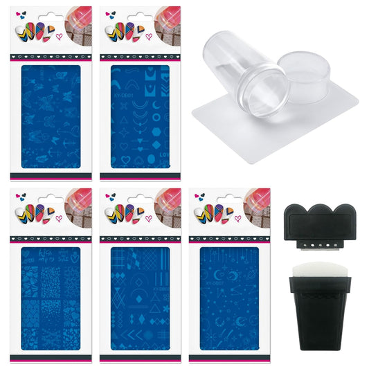 AddFavor Nail Stamping Plate Kit with Nail Stamp and Scraper, 5pcs Star Butterfly Geometric Nail Stamper Kit for Home Salon Manicure Polish Print Stencils Design Tools