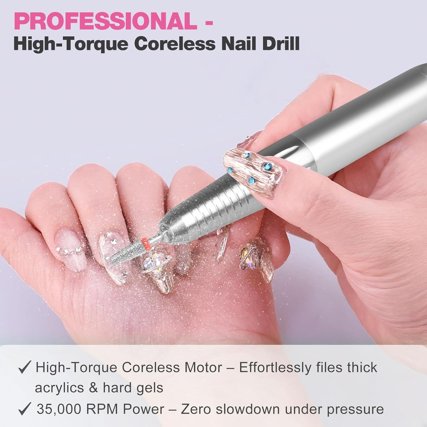 Professional Portable Nail Drill, 2-in-1 AZ GOGO 35000RPM Rechargeable Electric Cordless Nail Drills for Acrylic Gel Nails - Updated Coreless Motor Quieter, High Efficiency for Salon Level Pro E-File