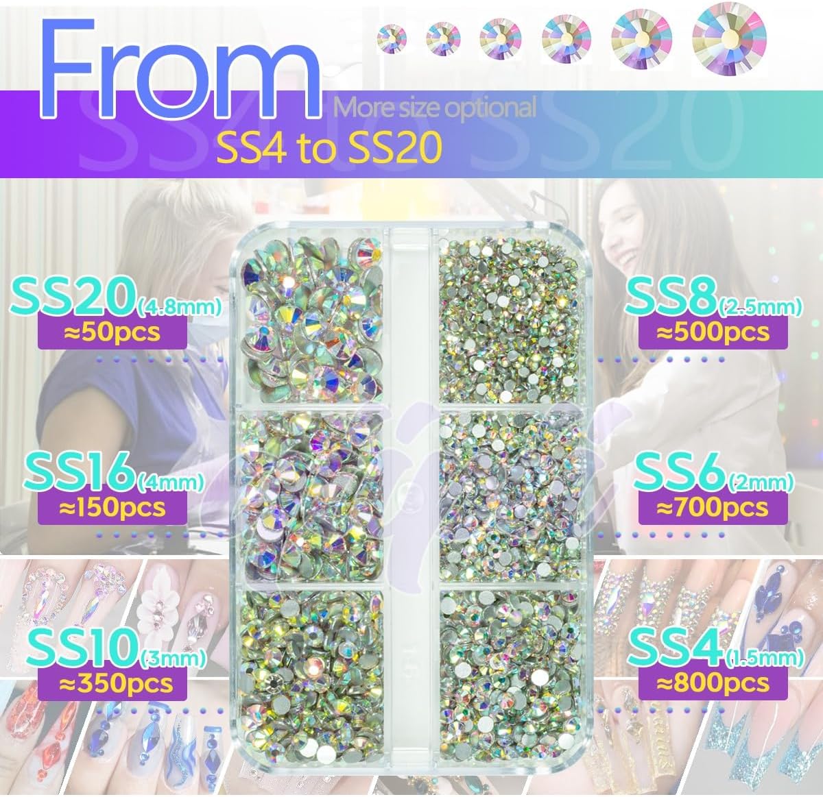 2550pcs Crystal AB Nail Art Flatback Rhinestones Charms for Face Makeup, White AB Nail Gems Gemstones K9 Glass SS4SS20 6 Sizes Bling AB Iridescent Diamonds Stones Jewels for DIY Crafts