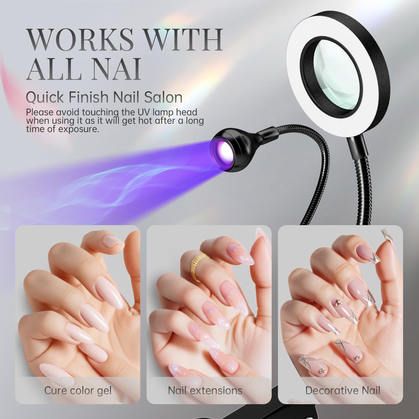 krofaue UV Nail Lamp - Flash Cure Lamp Dual-Light UV Light with 6× Magnifier 4-Levels Brightness Nail Dryer for Regular Polish, Desk Clip Salon-Perfect Manicures at Home Black