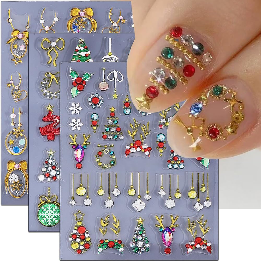 Christmas Nail Stickers 5D Bow Christmas Tree Lantern Ball Nail Art Stickers Winter Embossed Nail Decals Self-Adhesive Xmas Heart Elk Design Sticker Holiday Nail Art Decoration for Women Manicure 3Pcs
