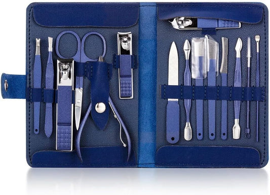 Multifunction Nail Clipper Set Pedicure Cutter Nail File Scissors Kit with Travel Case Stainless Steel Blue Manicure Set Tools (Color : 15pcs-Blue)