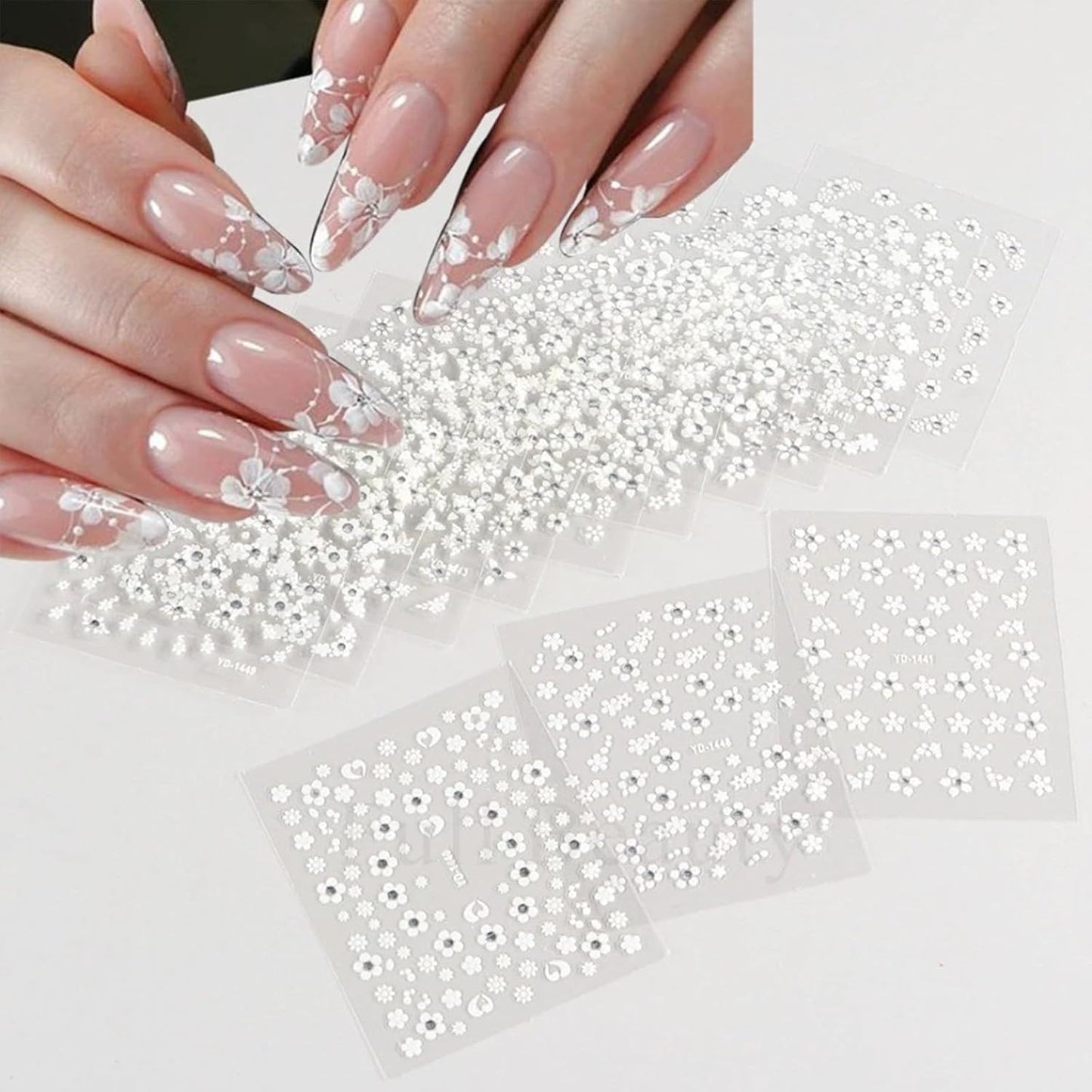 30 Sheets White Flower Nail Art Stickers with Rhinestones Designs - 3D Self Adhesive Nail Decals for Women & Girls