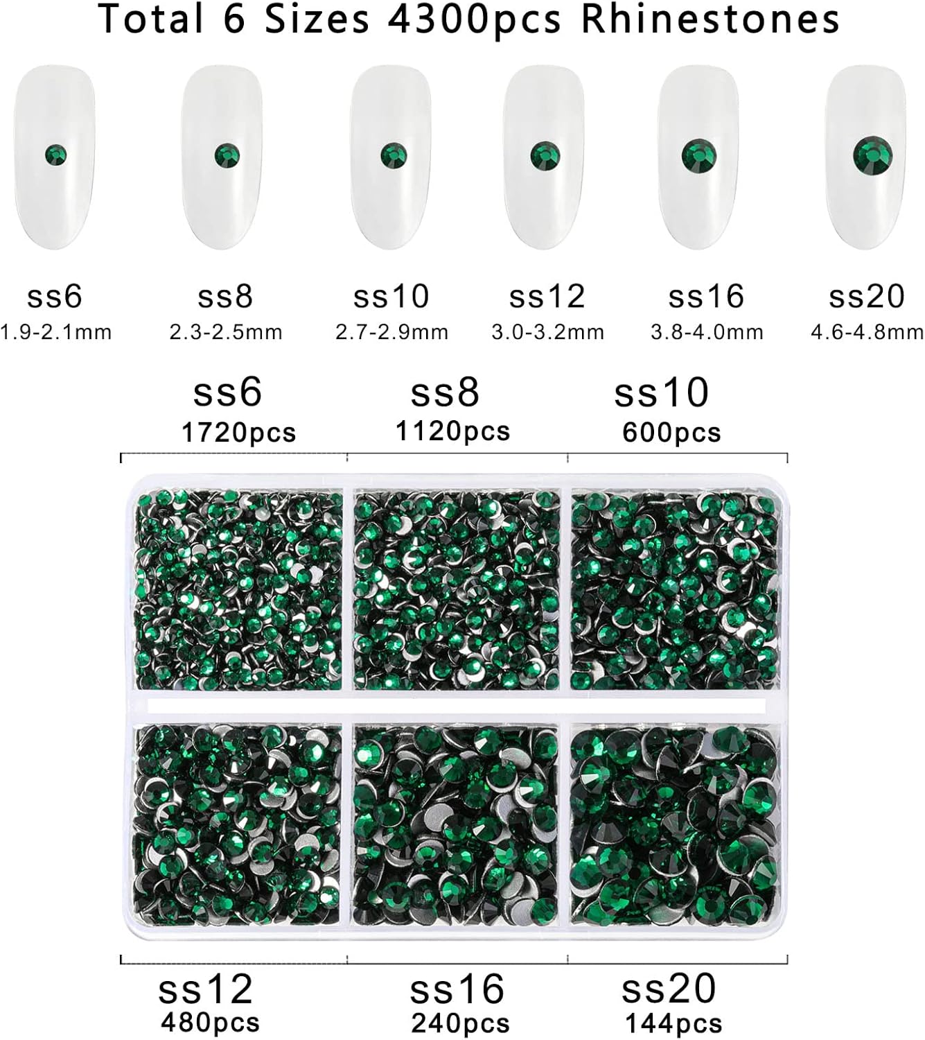Beadsland 4300pcs Flatback Rhinestones,Green Rhinestone Nail Gems Round Crystal Rhinestones for Crafts,Mixed 6 Sizes with Picking Tweezers and Wax Pencil Kit, SS6-SS20,Emerald