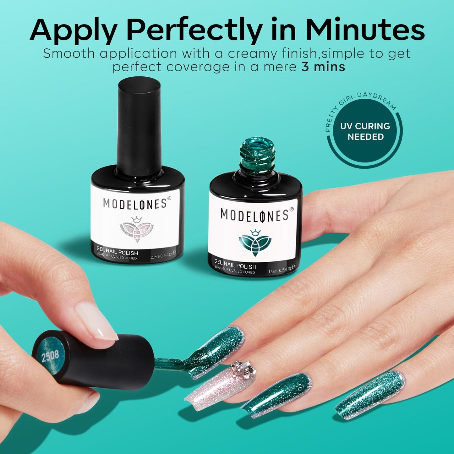 modelones Gel Nail Polish Set 2 PCS 15ML White Green Cat Eye Glitter Holographic Shimmer Nail Polish With Magnet Soak Off Led Manicure Art DIY Salon Gift For Women Girl