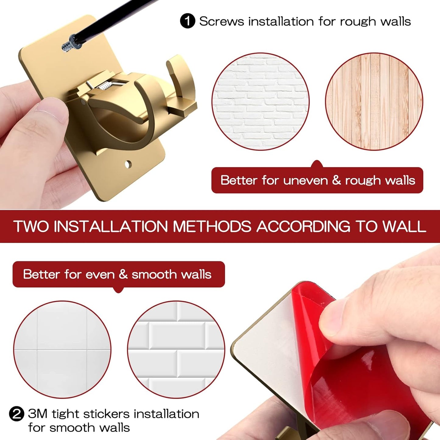 CIEMGNZOC 6PCS No Drill Curtain Rod Brackets, Self-Adhesive Curtain Rods No Drilling, Nail Free Adjustable Curtain Rod Holders, Curtain Hooks for Rod Less Than 1.57 Inch Diameter (Gold)