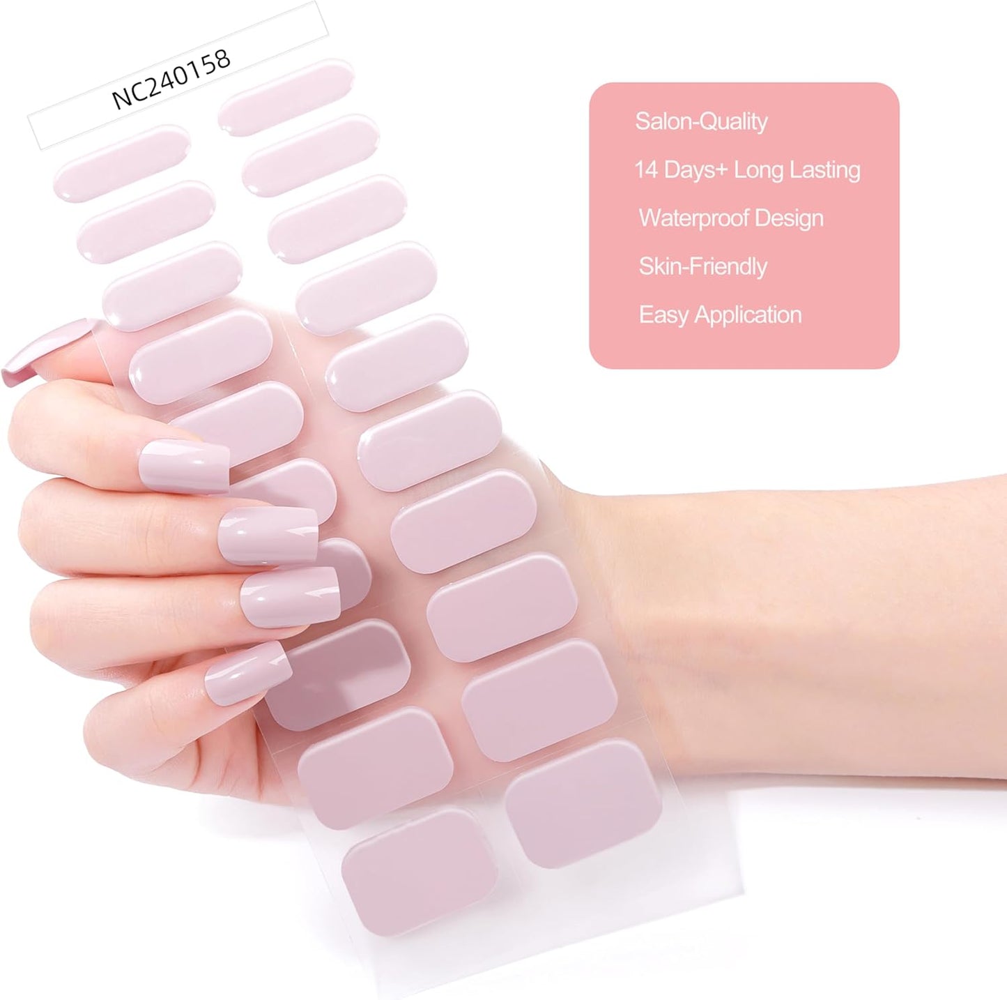 Gel Nail Strips 20 Pcs Wraps - Nude Pink, Easy Apply Gel Nail Stickers Long Lasting, Salon-Quality, 2 Prep Pads, 1 File, 1 Wooden Stick, UV Light Required