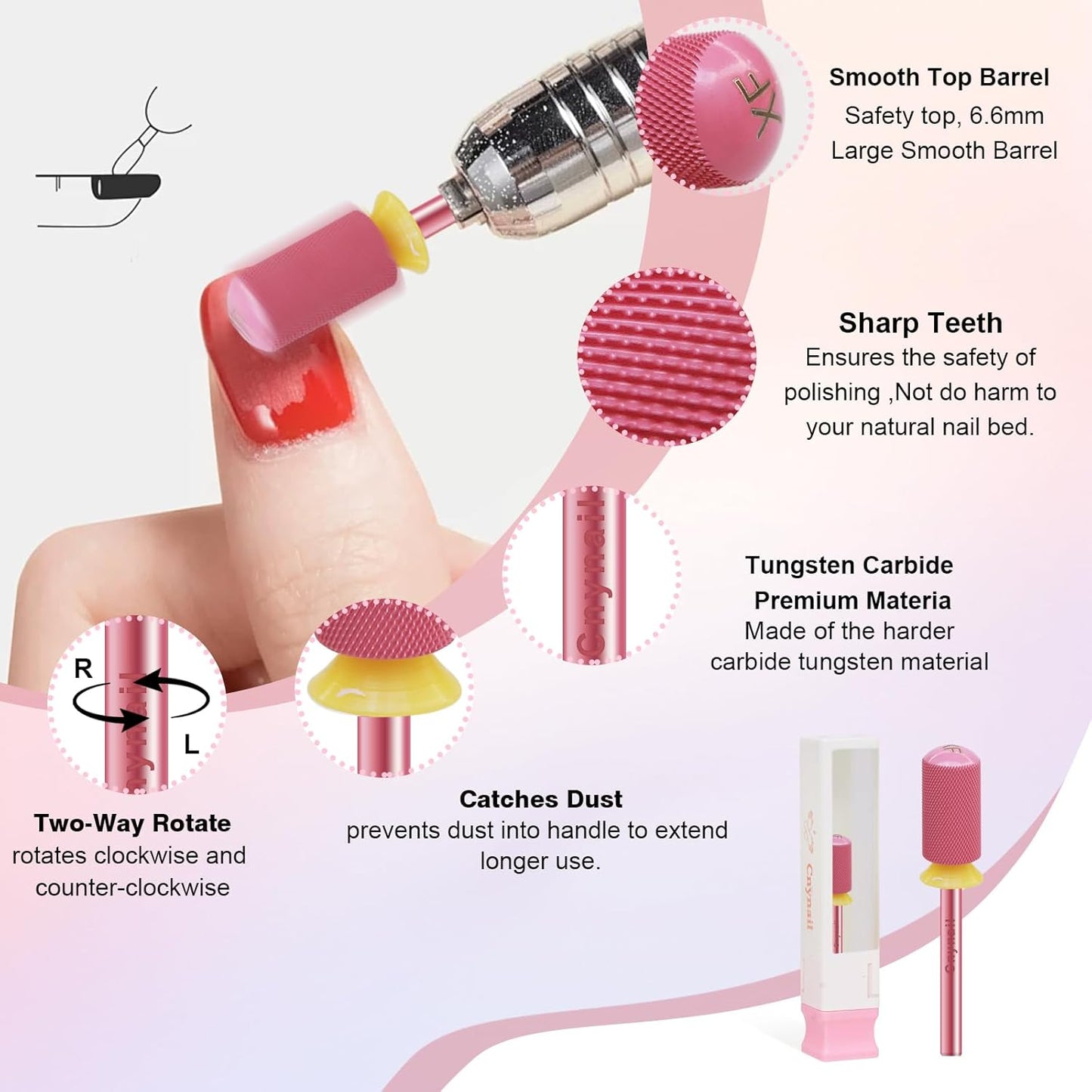 3/32" Large Barrel Smooth Round Top Tungsten Carbide Nail Drill Bit Safety Bit for Gel & Acrylic Removal, 2-Way Rotating Efile Tip, Salon Electric File Accessory (XF Grit, Rose Red)