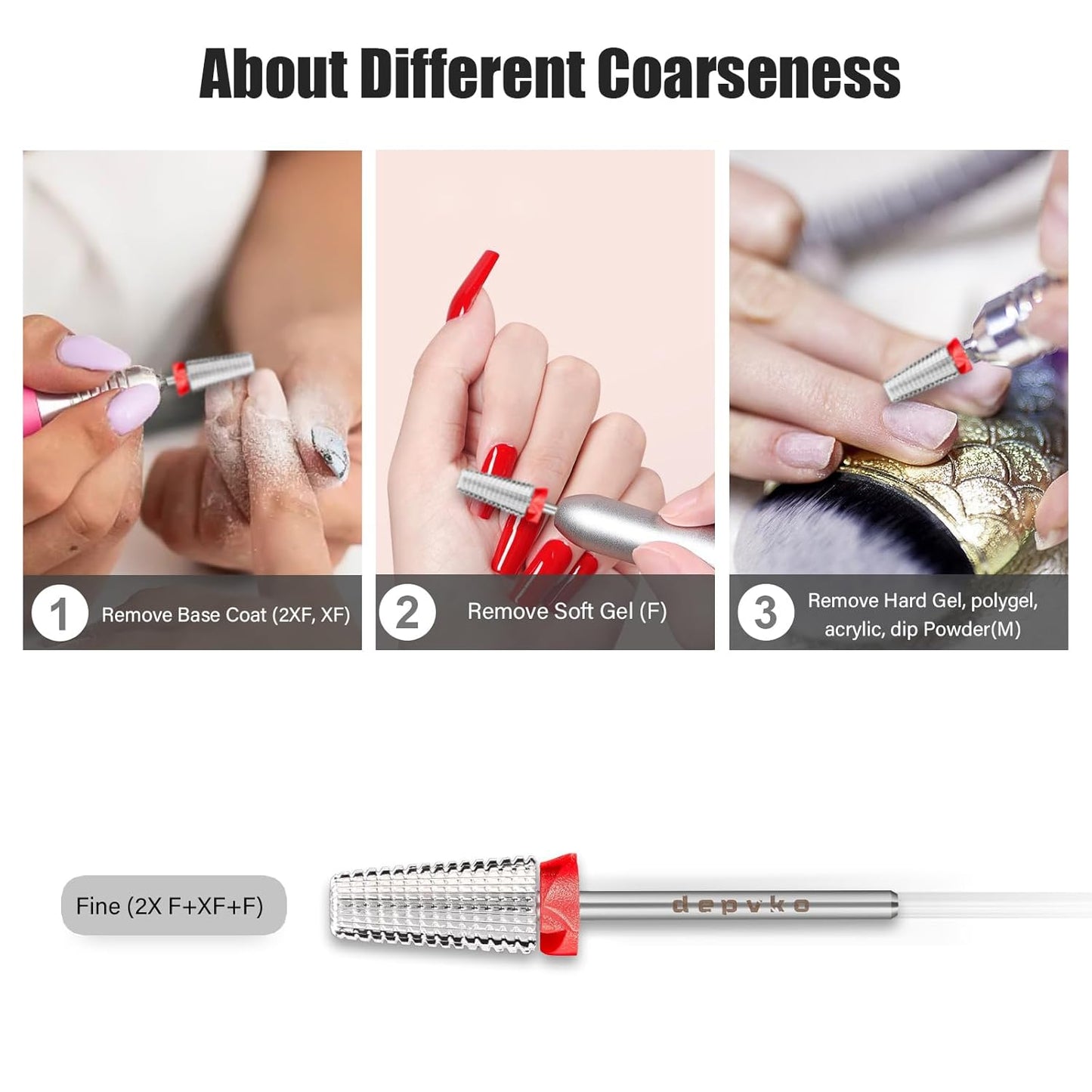 Depvko Super Long 5 in 1 Nail Drill Bits, 3/32'' Carbide Tungsten Bits, Two Way Rotate Professional Advanced Safety Bits for Nail, Fast Remove for Manicure Pedicure (Classic 5in1-Silver, Fine-F)