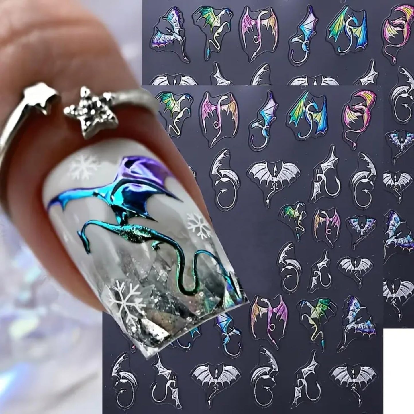 Halloween Bat Nail Art Stickers 5D Embossed Colorful Silver Bats Dragon Nail Decals Self-Adhesive Laser Gothic Dragons Nail Designs Manicure Sliders Halloween Nail Supplies for Women Nail Decor, 2PCS