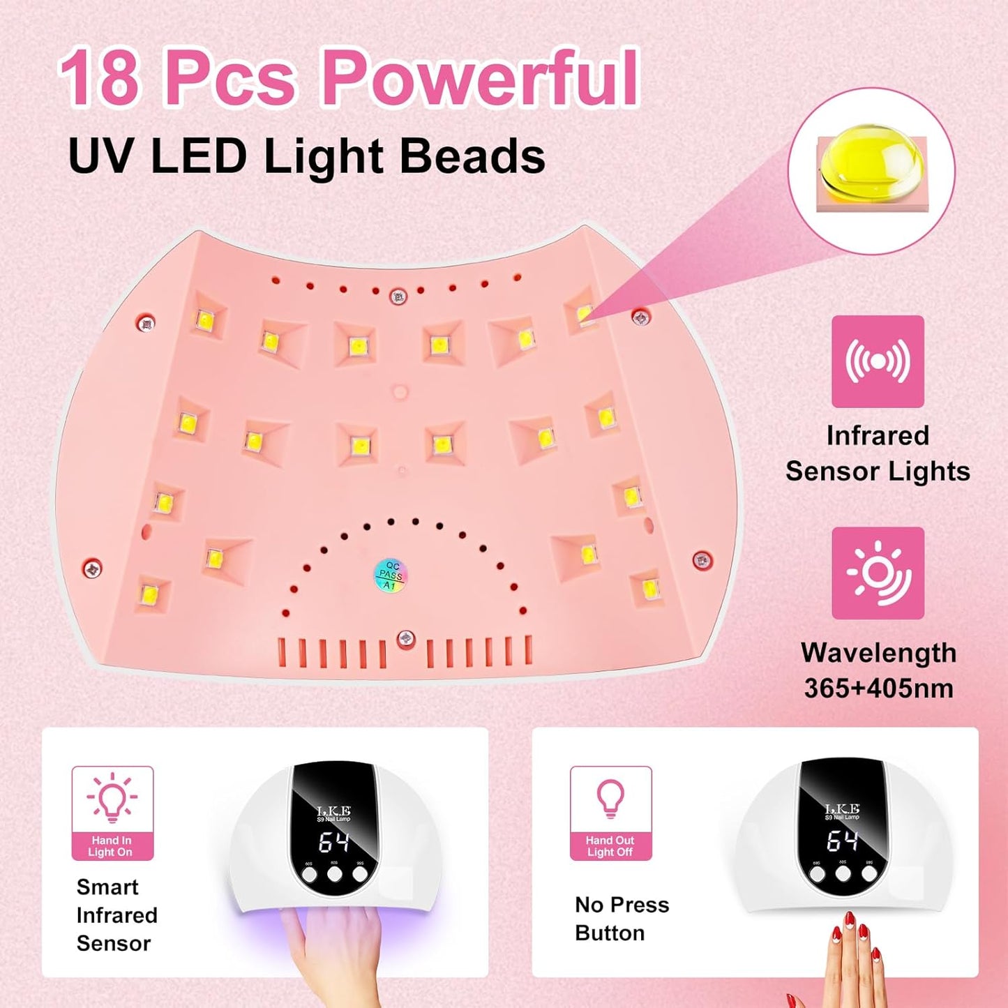 UV Light for Gel Nails,LKE 54W UV LED Nail Lamp with 18 Beads 3 Timer Setting Auto Sensor Nail Dryer Gel Polish Polygel Fast Curing Manicure Professional UV Nail Light Home Salon Nail Tools