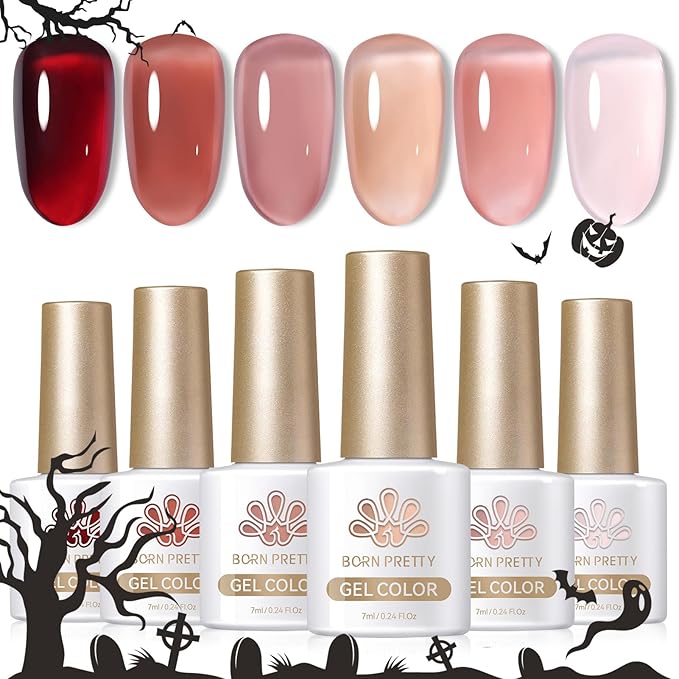 Born Pretty Jelly Burgundy Gel Nail Polish Fall Winter Blood Wine Red Nude Pink Gel Polish Sheer Transparent Halloween Gel Polish Kit Wild Rose for Salon Manicure and Nail Art DIY at Home 6Colors