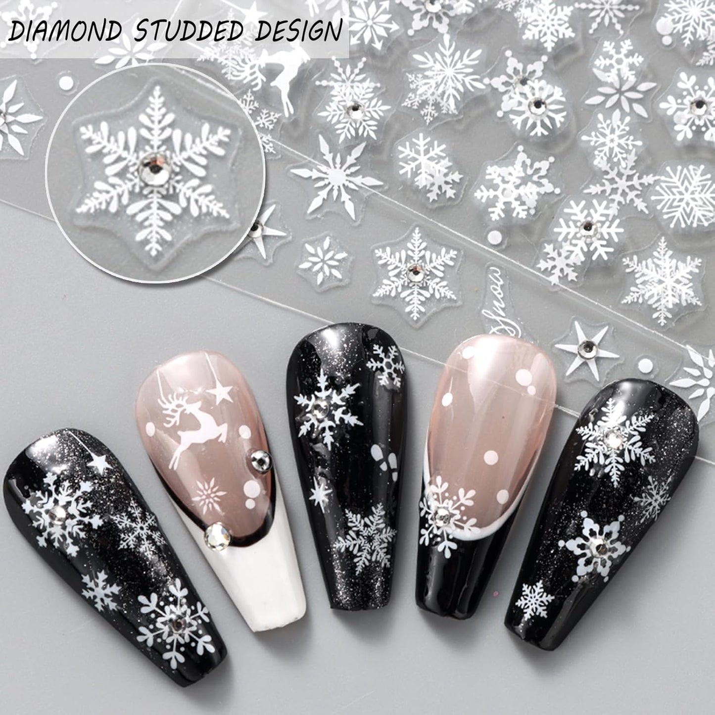 Rhinestone Studded Snowflake Nail Stickers, Christmas Self-Adhesive Crystal Diamond 3D Glitter Nail Art Design for DIY Manicure Winter Xmas DIY Nail Decals Decorations f (4 Sheets)