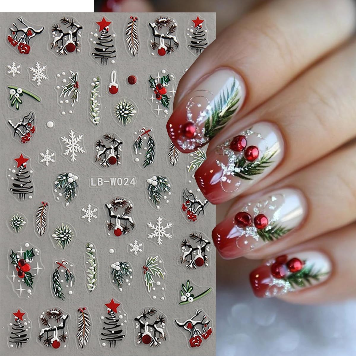 4 Sheets Christmas Nail Stickers 5D Embossed Holly Leaf Nail Decals Christmas Tree Pine Leaves Snowflake Design Self Adhesive Nail Supplies Winter Xmas Nail Art Stickers for Women DIY Nail Decoration
