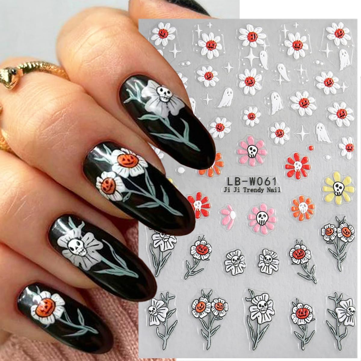 5 Sheets Halloween Nail Art Stickers Horror Skull Flower Nail Stickers Scary Embossed Ghost Spider Web Nail Decals 5D Self-Adhesive Strawberry Spider Nail Decoration for Women Girls Nail Designs