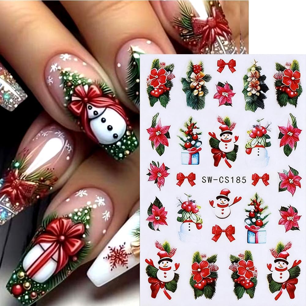 Christmas Nail Stickers Bow Stocking Snowman Nail Art Stickers Holiday Flower Candy Nail Decals 6Pcs Self-Adhesive Christmas Tree Design Sticker Holiday Nail Art Decoration for Women Manicure