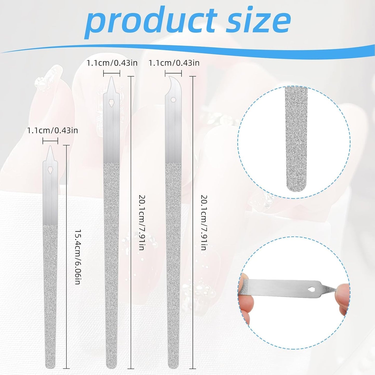 3PCS Diamond Dust Nail File, Fingernail Files with Pointed Tip, Fingernail Files with Pointed Tip/Nail Dresser for Manicure, Double Side Fingernail Toenail Files, Stainless Steel Nail Filer (2 Size)