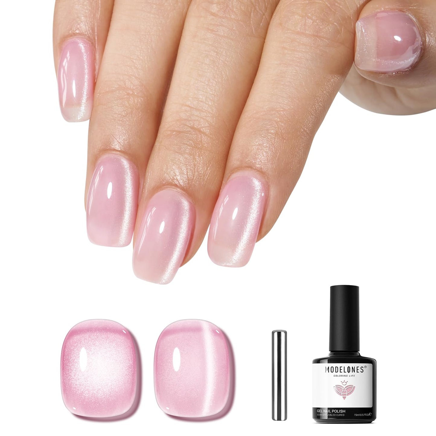 modelones Pink Cat Eye Gel Polish, 15 ML Glitter Holographic Jelly Glass Cat Eye Summer Light Rose Funny Bunny Color Shimmer Reflective Translucent U v Gel Magnetic Nail Polish Top Coat for Women Girl