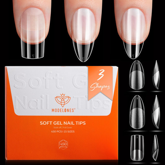 Modelones Medium & Short Almond & Short Square nail tips - Multi-type 3 Styles Set Gel Tips Half Matte Full Cover Clear Acrylic Gel Kit Fake Nails for Extension DIY Salon 450Pcs 15Sizes