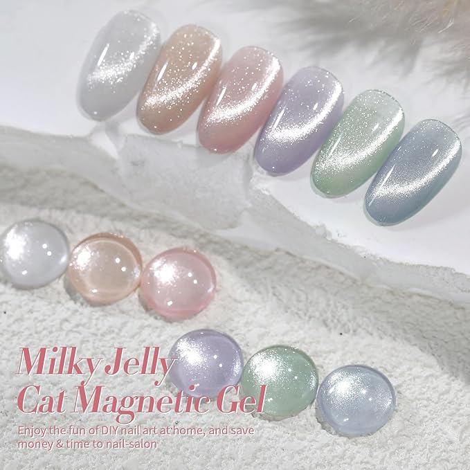 Born Pretty Cat Magnetic Eye Gel Nail Polish, Pastel Milky Cat Magnetic Gel Pastel Blue Green Purple Pink Nude Silver Nail Art Gel Manicure Salon DIY Gifts 7ML 6PCS