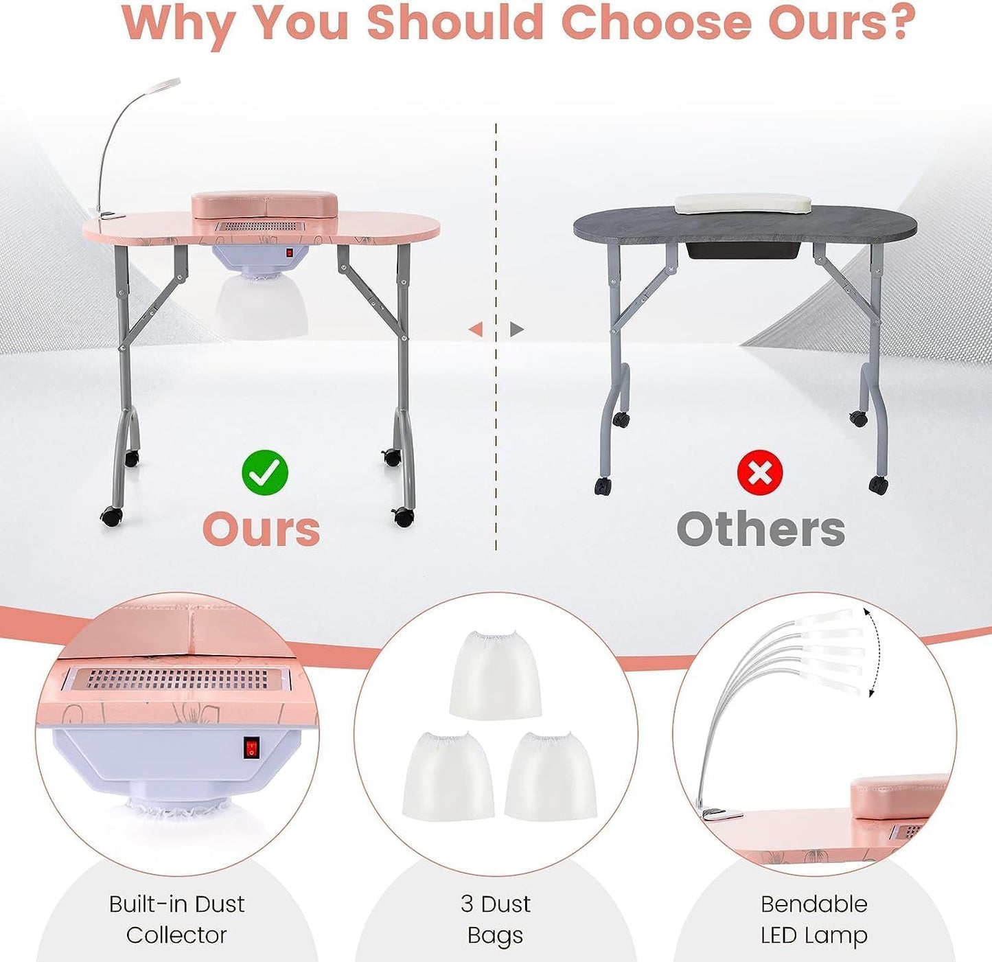 GOFLAME Manicure Nail Table, Foldable Nail Technician Desk w/Electric Downdraft Vent, Bendable LED Lamp, Removable Armrest Pad, Dust Bag, Manicure Table with Lockable Wheels for Home, Salon, Pink