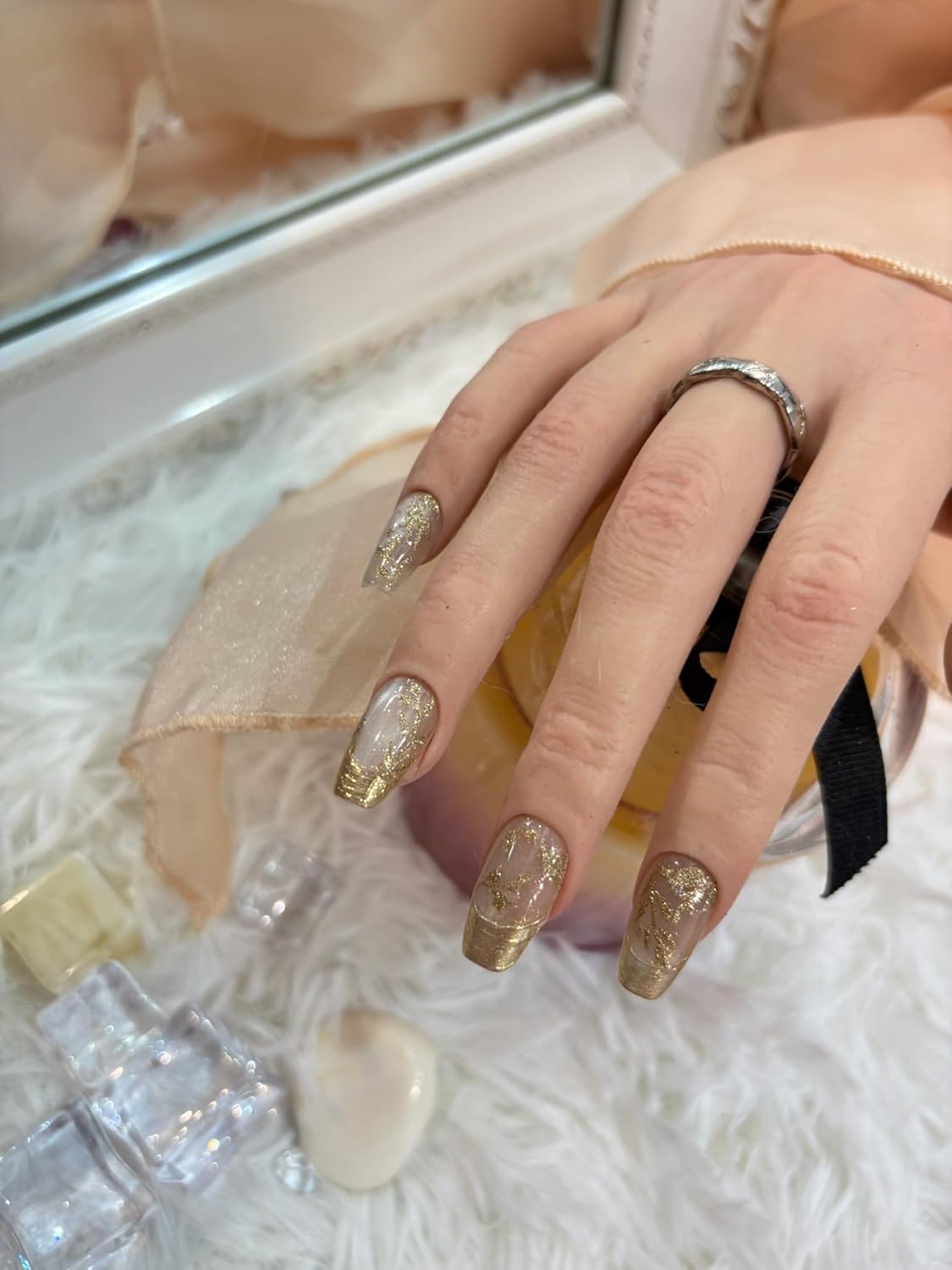 New Chinese Style Nail Stickers - Gold Foil Glitter Golden Branches Jade Leaves Design, Self-Adhesive Nail Art Decals A Set of 1 Sheets