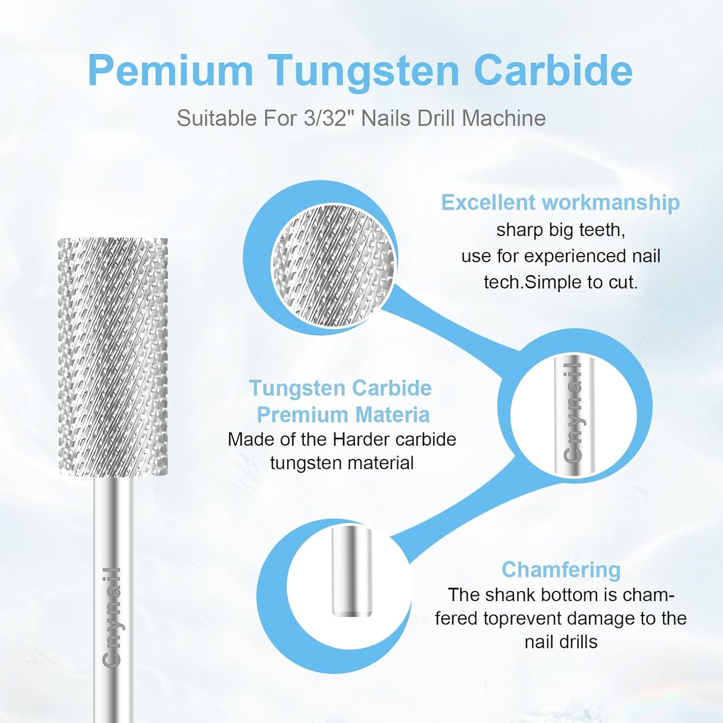 3/32" Large Barrel Bit Tungsten Carbide Nail Drill Bit Safety Bit for Gel & Acrylic Removal, 2- Way Rotating Efile Tip, Salon Electric File Accessory (M Girt, Silver)