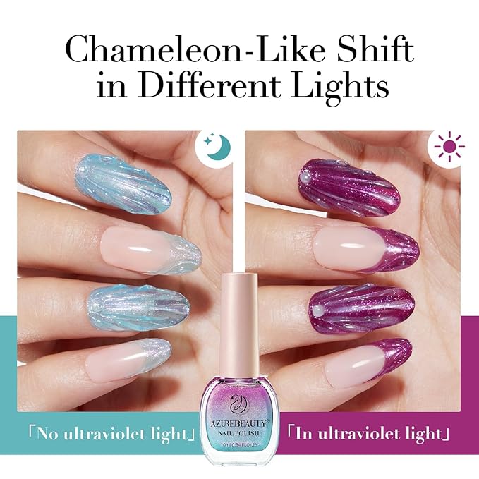 AZUREBEAUTY Sunlight Color Changing Nail Polish Set Quick Dry Blue Purple Mermaid Series 2 Colors Spring Summer Nail Lacquer Natural Fingernail Kit DIY Women Gifts 0.34oz
