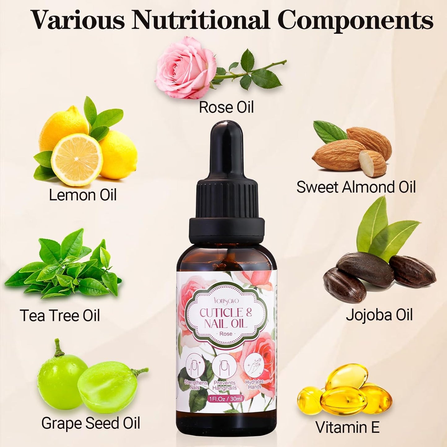 3 in 1 Cuticle Oil, 3 Pack Rose Nails Care Oil to Strengthen Brittle Nails, Hydrate Dry Cuticles & Soften Hands, Fast-Absorbing