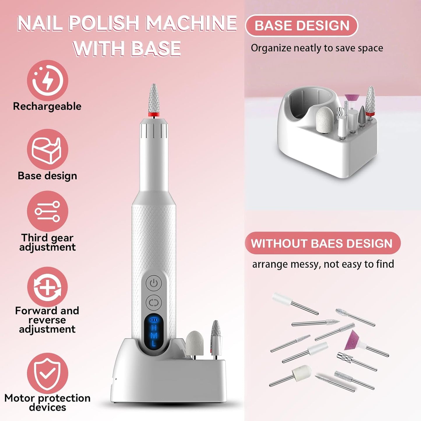 Portable Electric Nail Drills,Professional Nail Drill File Kit for Acrylic,Manicure and Pedicure Sets for Grinding,polishing and Trimming,Rechargeable Pedestal Nail Polisher. White