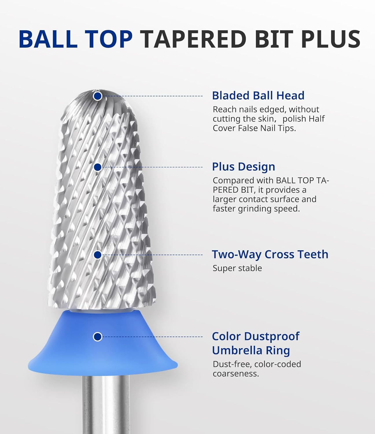 AIRSEE Tungsten Carbide Acrylic Nail Drill Bit Efile Electric File Machine Head Tip for Manicure Polishing Art Remove Gel 3/32" 2 Way Safety Use Big Ball Top Tapered Bit Plus Cone Shape Medium-M