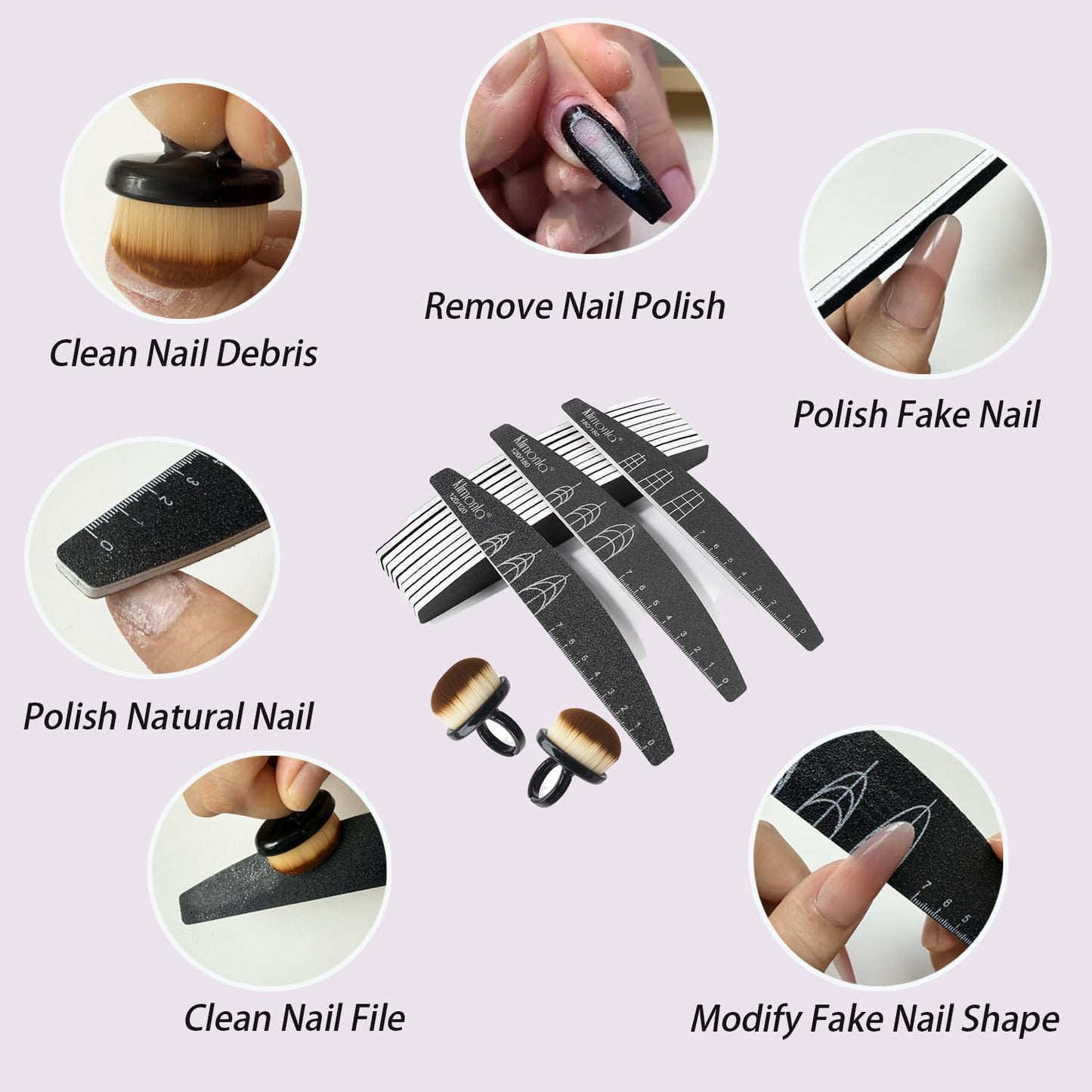 6pcs Nail Files with 2pcs Nail Brushes 120/120, 120/180, 180/180 Grit Both Sides Nail Files with Reference Graphic for Press-on Fake Nail Shaping Natural Nail Polish Christmas Gift for Women Girls